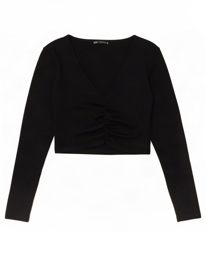 Zara Crop Top Feminino Manga Longa UK 12 Poliéster Preto Médio