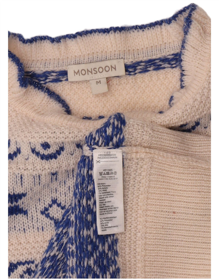 Suéter feminino Monsoon com gola tartaruga UK 12 médio branco Fair Isle