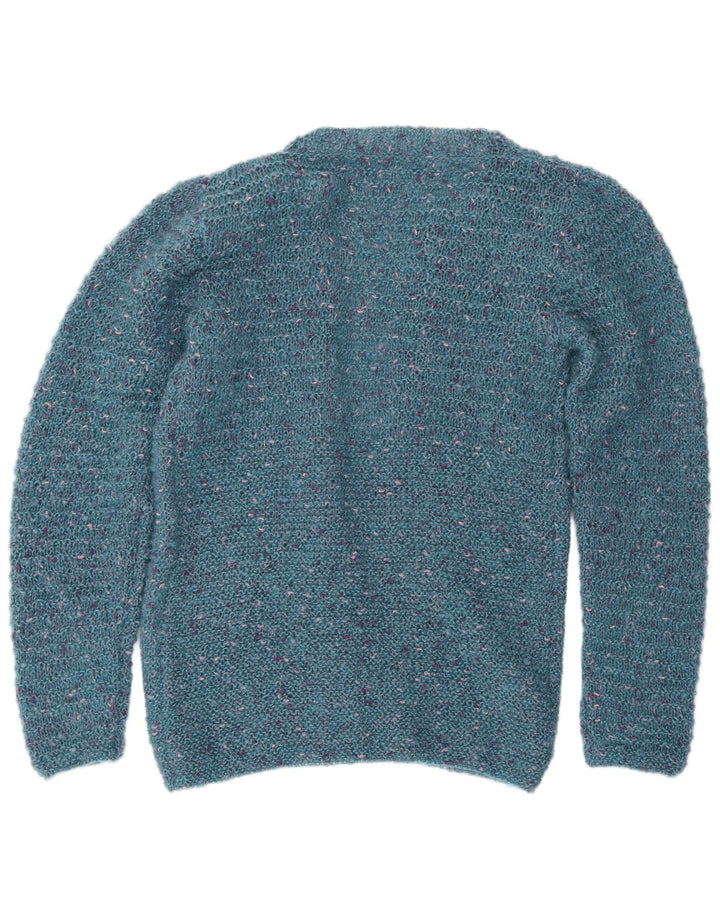 Suéter cardigã aberto feminino vintage UK 12 médio azul manchado
