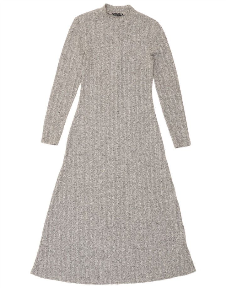 Vestido feminino Zara Maxi Longline Jumper Reino Unido 12 Poliéster manchado cinza médio