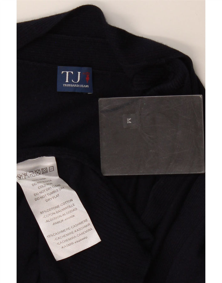 Suéter cardigã feminino Trussardi com gravata frontal Reino Unido 14 algodão azul marinho médio