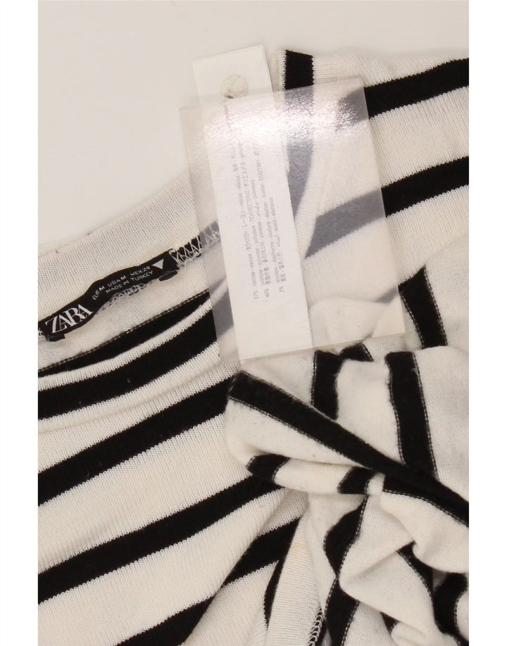 Top feminino Zara manga comprida UK 14 viscose listrada branca média
