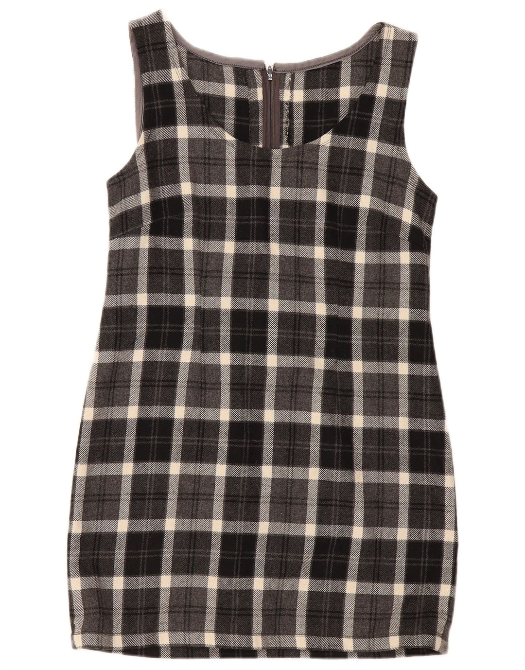 Vestido feminino vintage sem mangas com bainha UK 12 xadrez cinza médio
