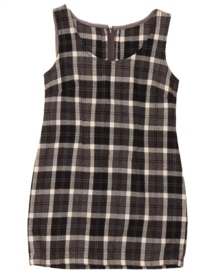 Vestido feminino vintage sem mangas com bainha UK 12 xadrez cinza médio