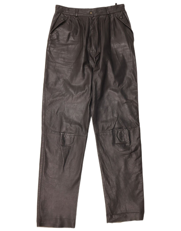 Calça feminina vintage de couro reto IT 44 médio W26 L31 couro preto