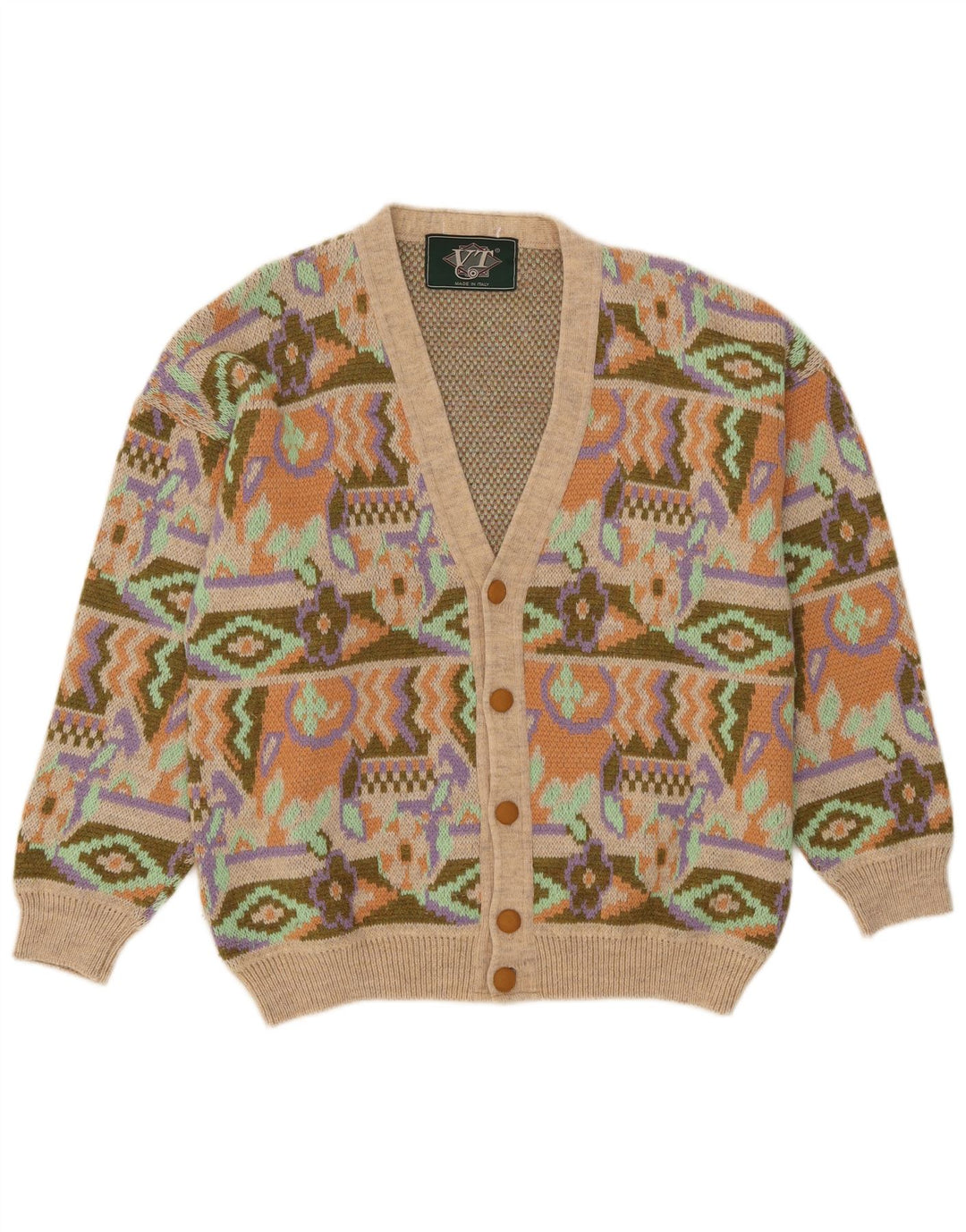 Suéter cardigã masculino vintage acrílico geométrico multicolorido médio