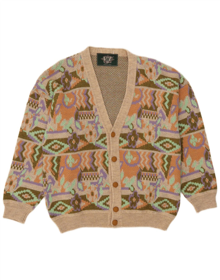 Suéter cardigã masculino vintage acrílico geométrico multicolorido médio
