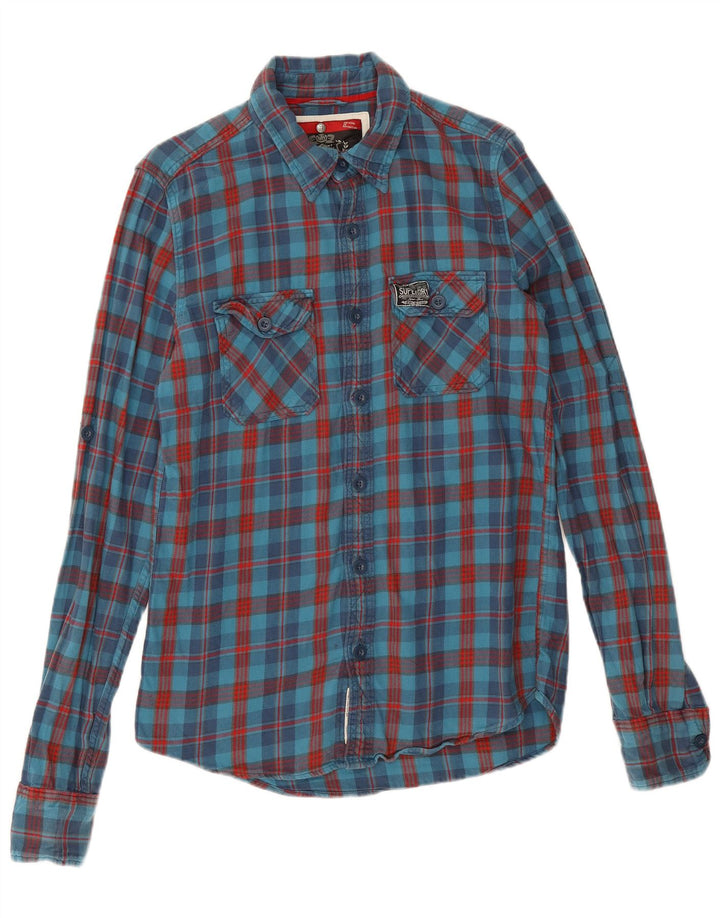 Camisa masculina de flanela Superdry algodão xadrez azul médio