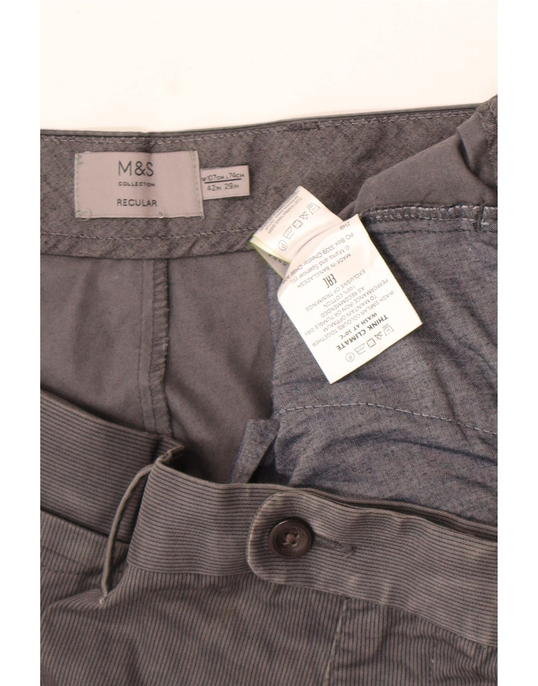 Calça masculina de ajuste regular Marks & Spencer W42 L29 listrada cinza