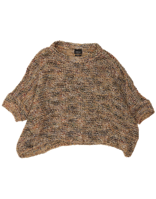 Zara Poncho Jumper feminino de manga curta Reino Unido 10 pequeno acrílico manchado marrom