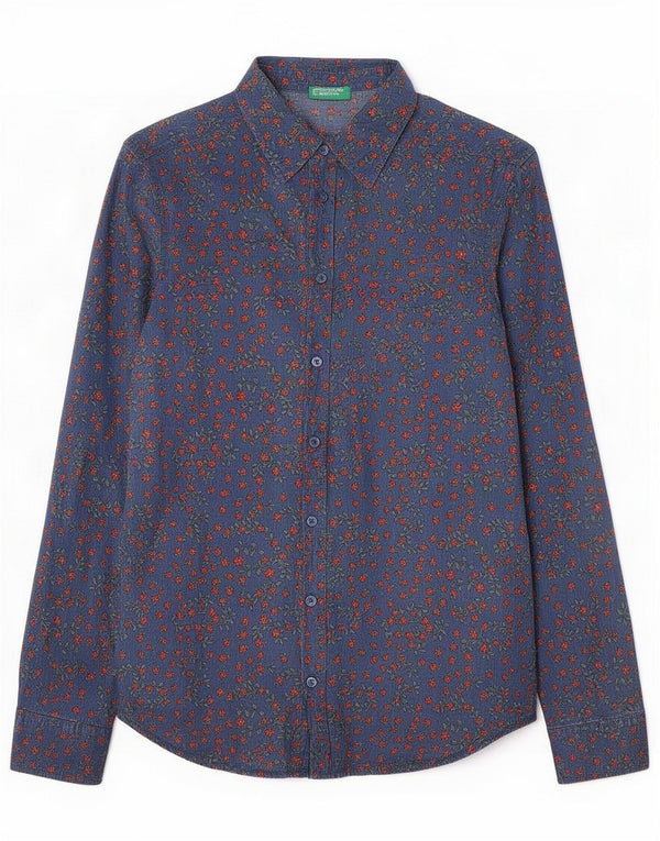 Benetton Womens Shirt UK 4 XS Blue Floral Cotton