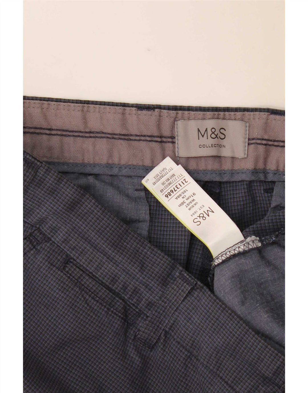 Shorts chino masculino Marks & Spencer W36 grande algodão guingão azul marinho