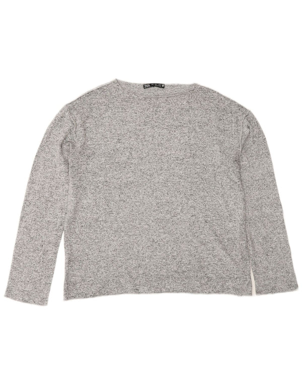 Top feminino Zara manga comprida UK 10 viscose manchada cinza pequena