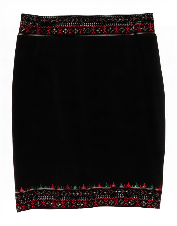 Saia lápis feminina de veludo Brora Reino Unido 12 médio W32 algodão floral preto