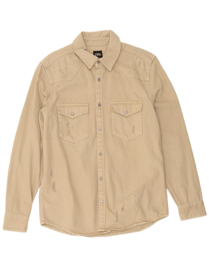 Zara Camisa jeans masculina desgastada de algodão bege médio