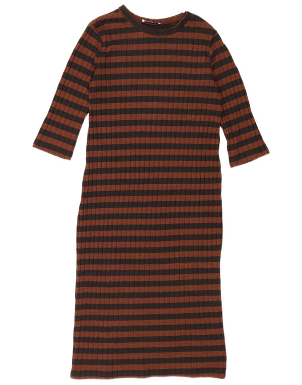 Zara Vestido feminino Trafaluc manga 3/4 Reino Unido 12 listrado marrom médio