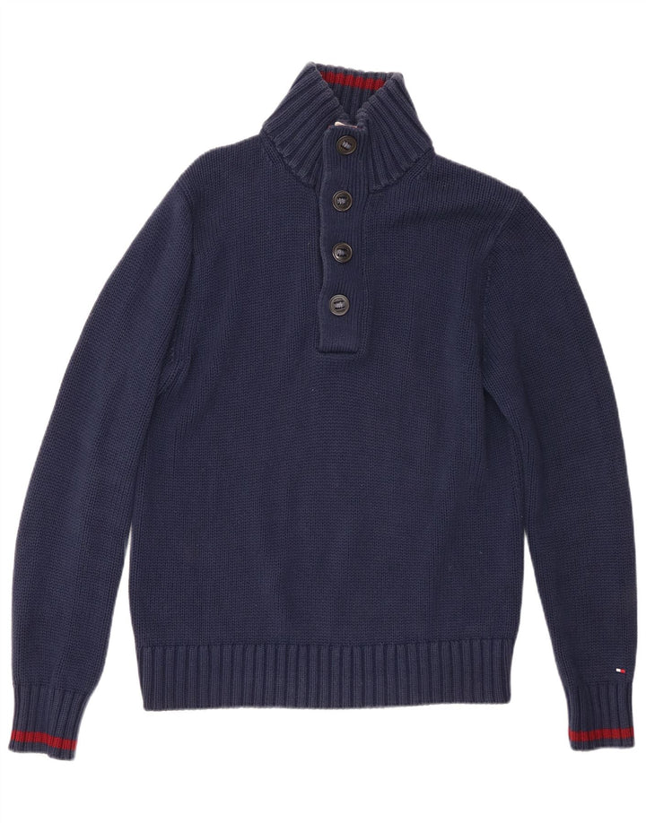 Suéter masculino Tommy Hilfiger com gola com botão e algodão azul marinho médio
