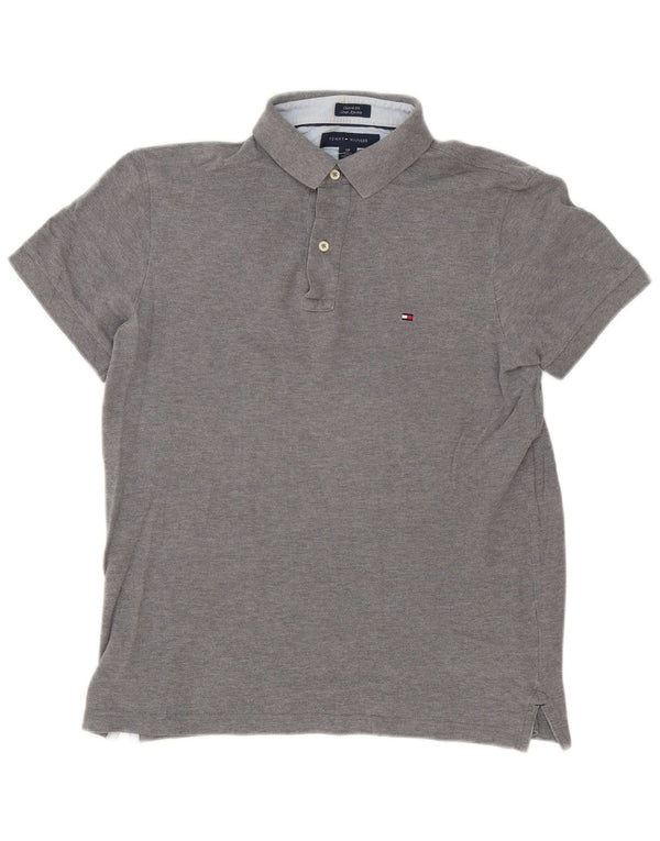 Camisa polo masculina Tommy Hilfiger Custom Fit pequena de algodão cinza