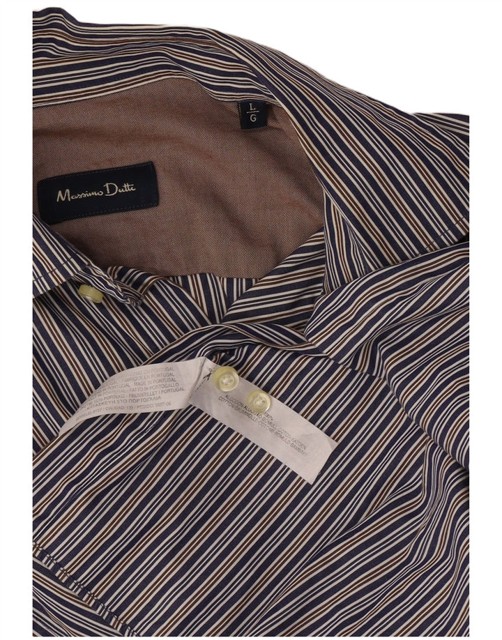 Camisa masculina Massimo Dutti grande algodão listrado azul
