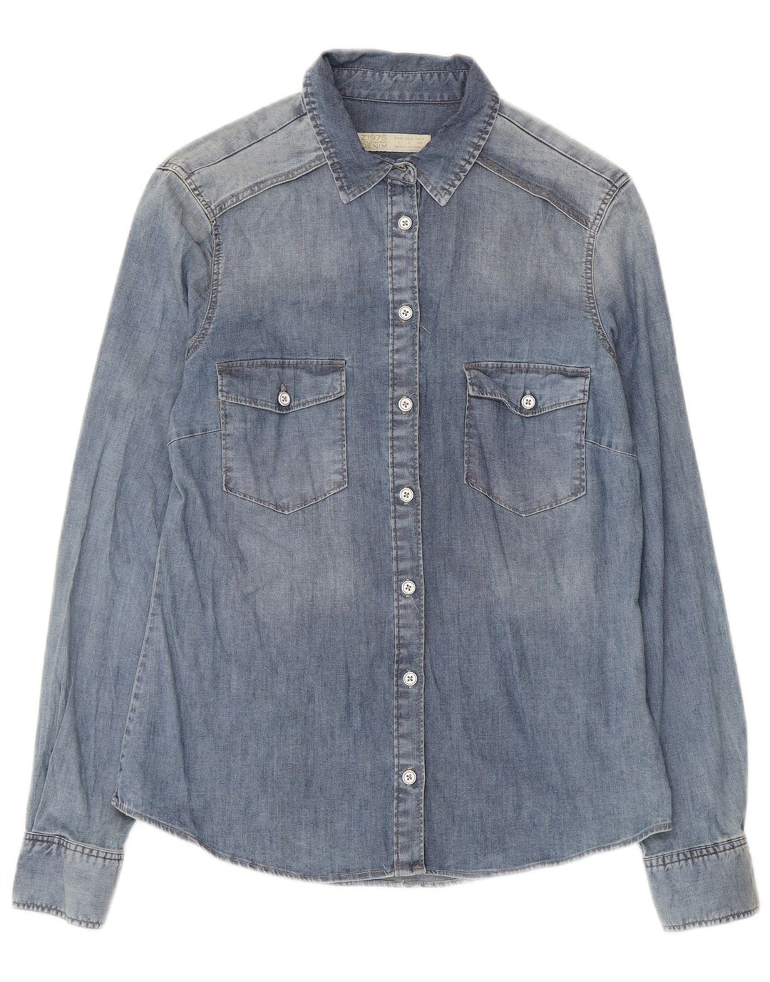 Camisa jeans feminina Zara Reino Unido 14 grande algodão azul