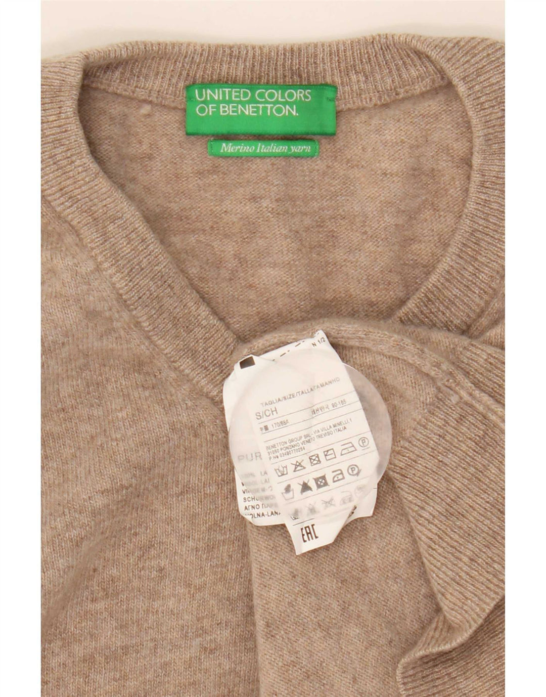 Suéter masculino Benetton com decote em V, pequeno, bege, lã