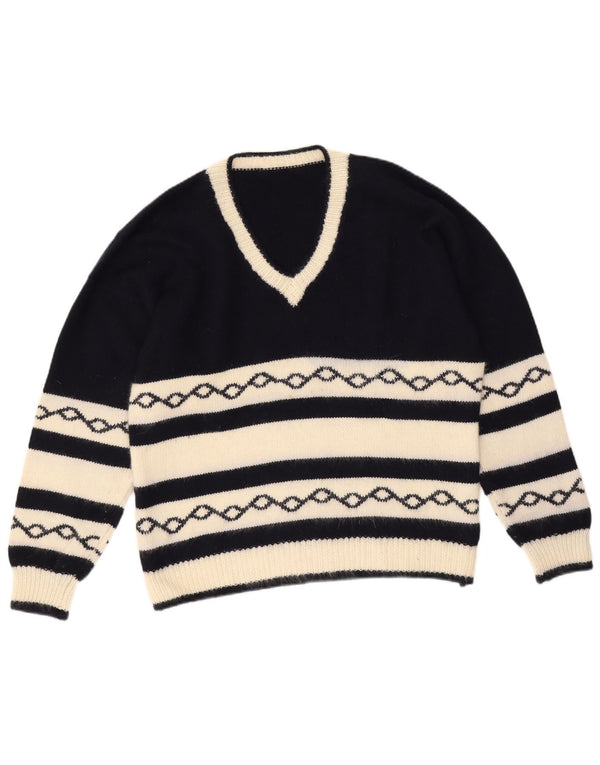 Suéter masculino vintage com decote em V médio azul marinho geométrico