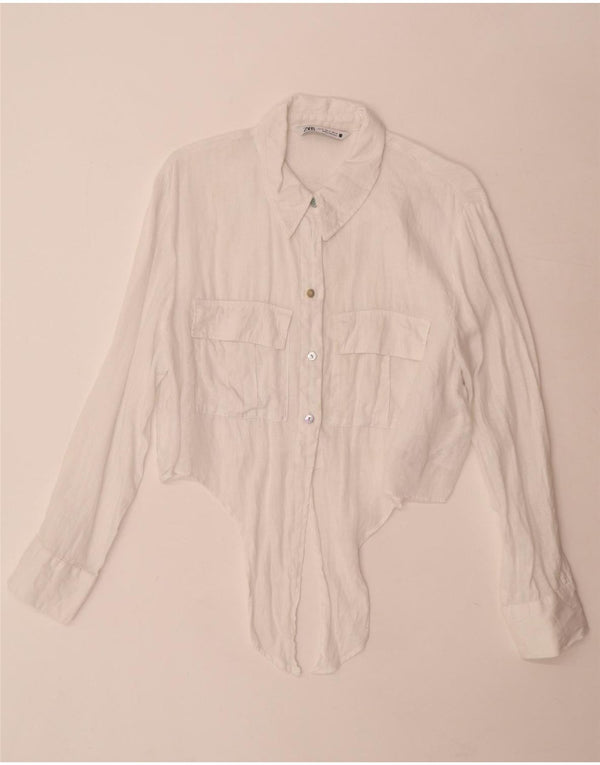 Zara Camisa Feminina Crop Front Tie UK 18 XL Linho Branco