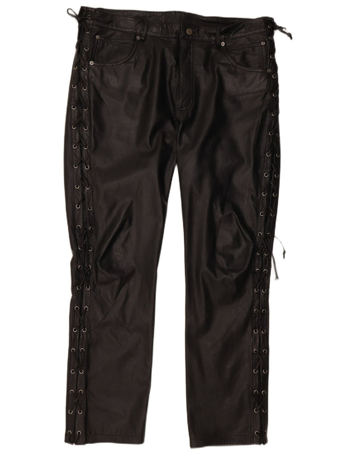 Calça feminina vintage de couro para motociclista W38 L31 couro preto