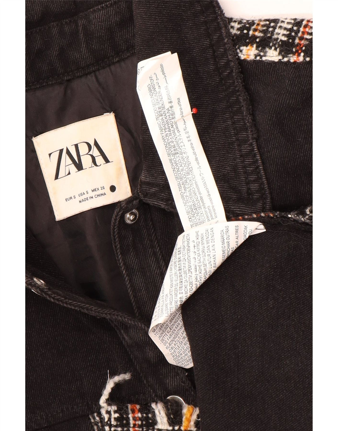 Jaqueta jeans oversized feminina Zara UK 10 poliéster xadrez preto pequeno