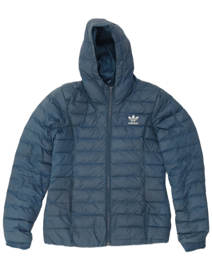 Jaqueta Adidas Feminina Com Capuz Acolchoada UK 14 Médio Azul Nylon