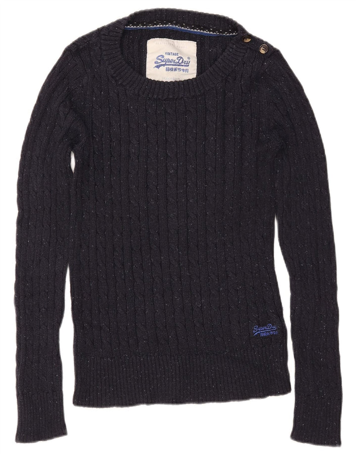 Suéter feminino SUPERDRY com gola canoa Reino Unido 12 algodão azul marinho médio