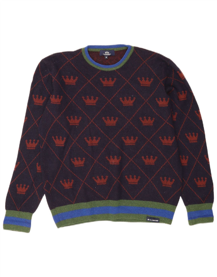 Suéter masculino La Martina com estampa abstrata e gola redonda, azul marinho médio