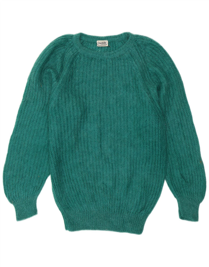 Suéter feminino vintage com gola canoa UK 14 azul médio