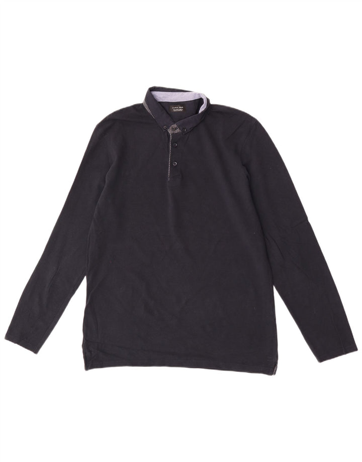 Zara Camisa polo masculina de manga comprida grande azul marinho