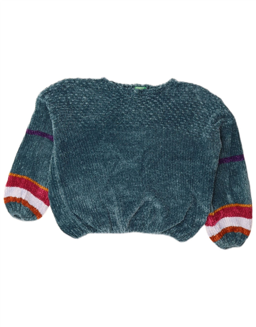 Suéter feminino de veludo com gola canoa da BENETTON Reino Unido 12 listrado verde médio