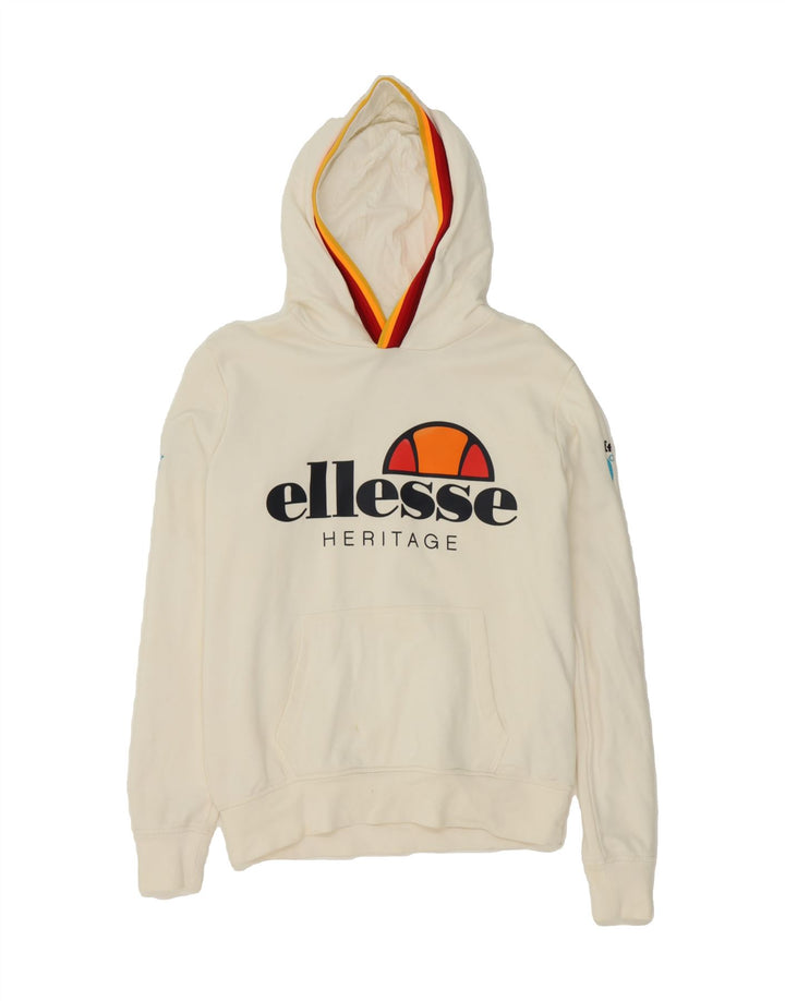 ELLESSE Mens Graphic Hoodie Jumper XS Off White Cotton Vintage Ellesse and Second-Hand Ellesse from Messina Hembry 