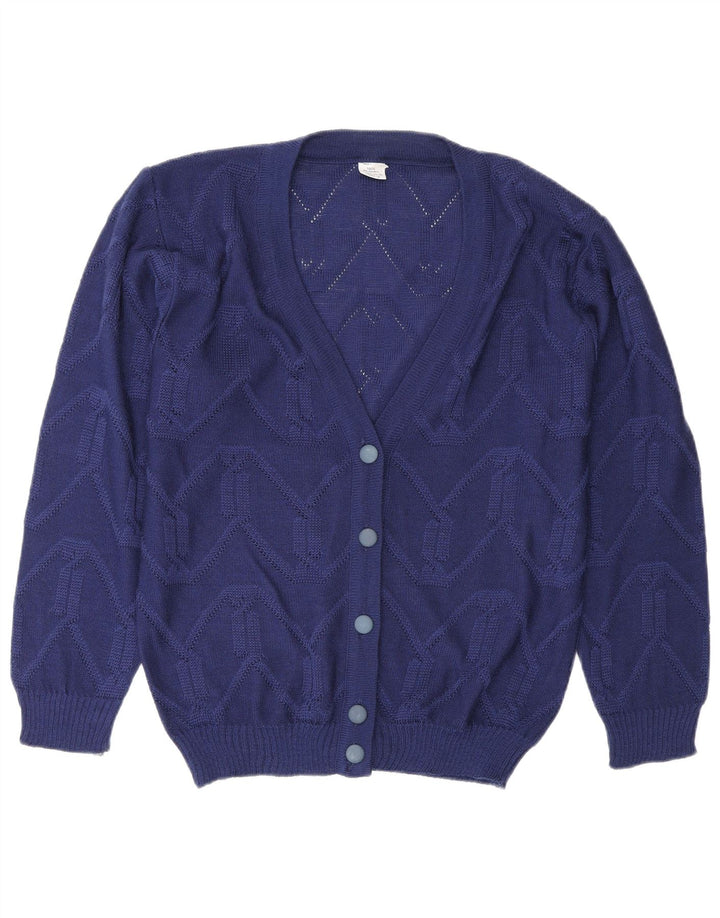 Suéter cardigã feminino vintage UE 38/40 azul médio Chevron poliacrílico