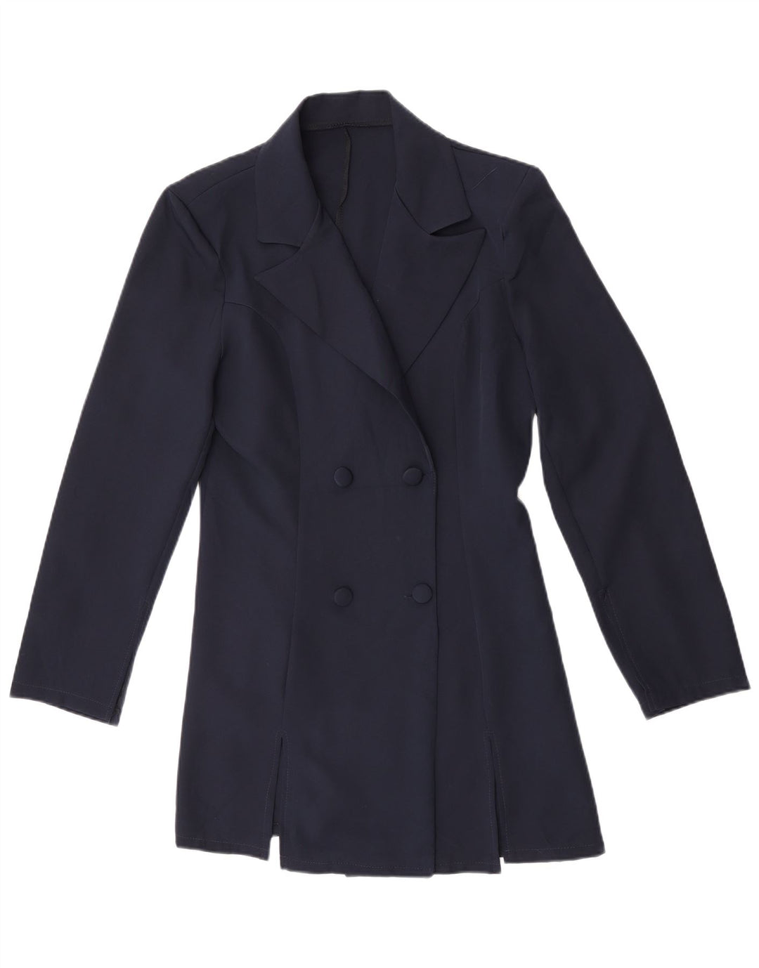 Casaco feminino vintage com peito duplo Reino Unido 14 poliéster azul marinho médio