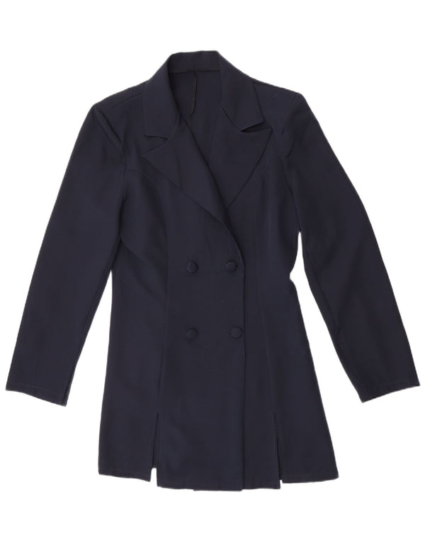 Casaco feminino vintage com peito duplo Reino Unido 14 poliéster azul marinho médio