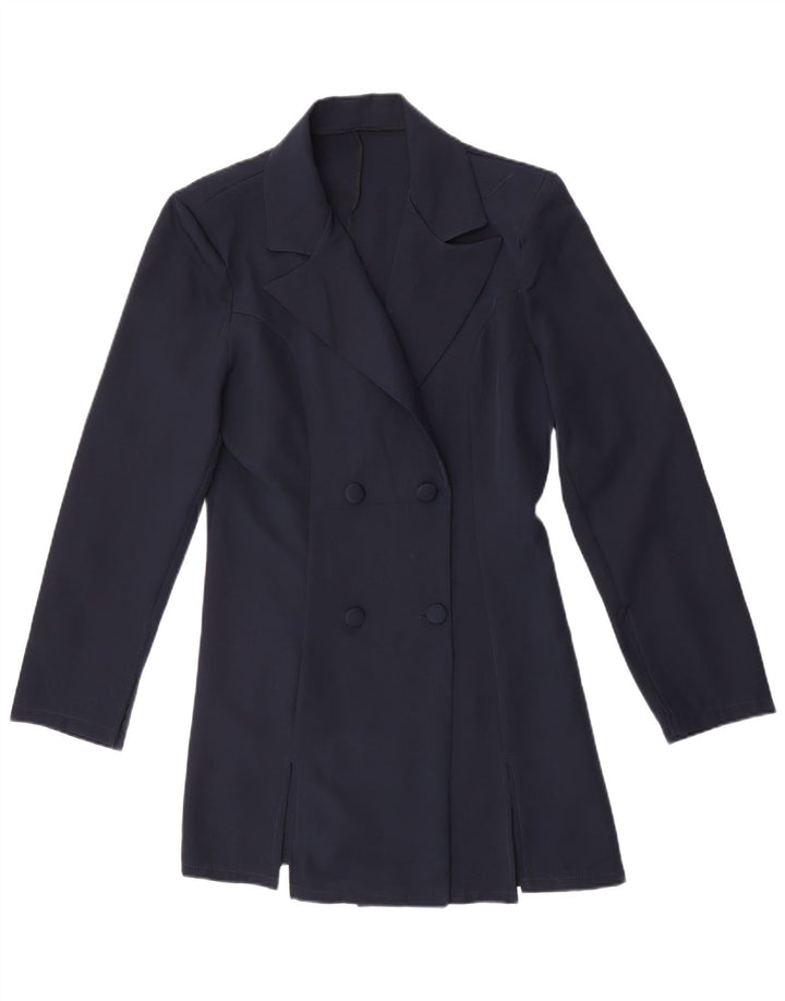 Casaco feminino vintage com peito duplo Reino Unido 14 poliéster azul marinho médio