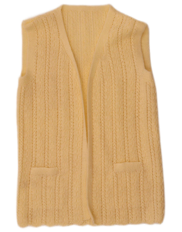 Suéter cardigã aberto sem mangas feminino vintage Reino Unido 12 amarelo médio