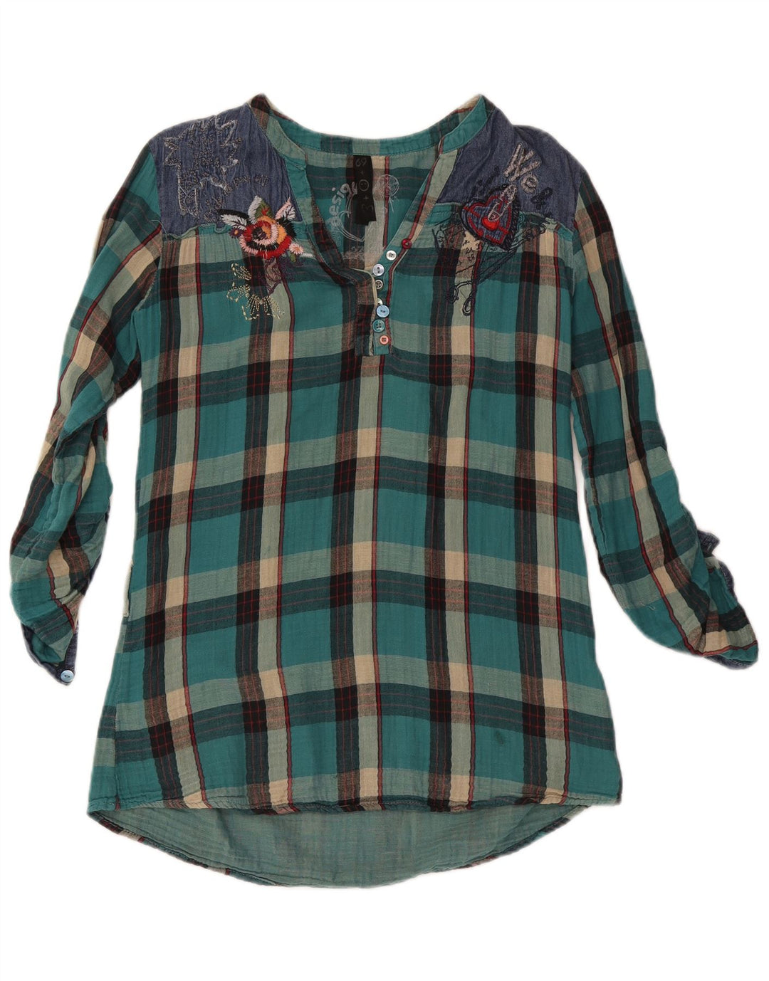 Blusa feminina de manga comprida Desigual UK 16 grande xadrez turquesa