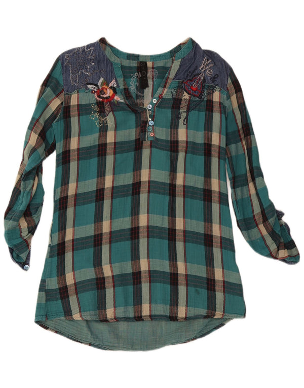 Blusa feminina de manga comprida Desigual UK 16 grande xadrez turquesa