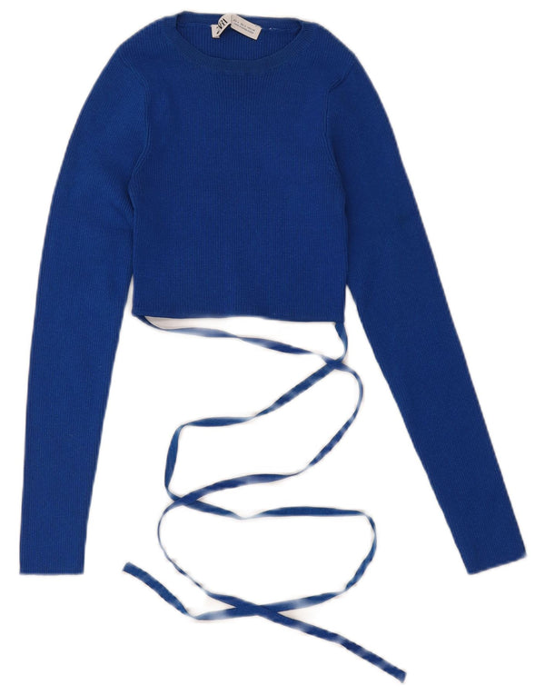 Suéter feminino ZARA com gola canoa e gola redonda, tamanho pequeno, viscose azul