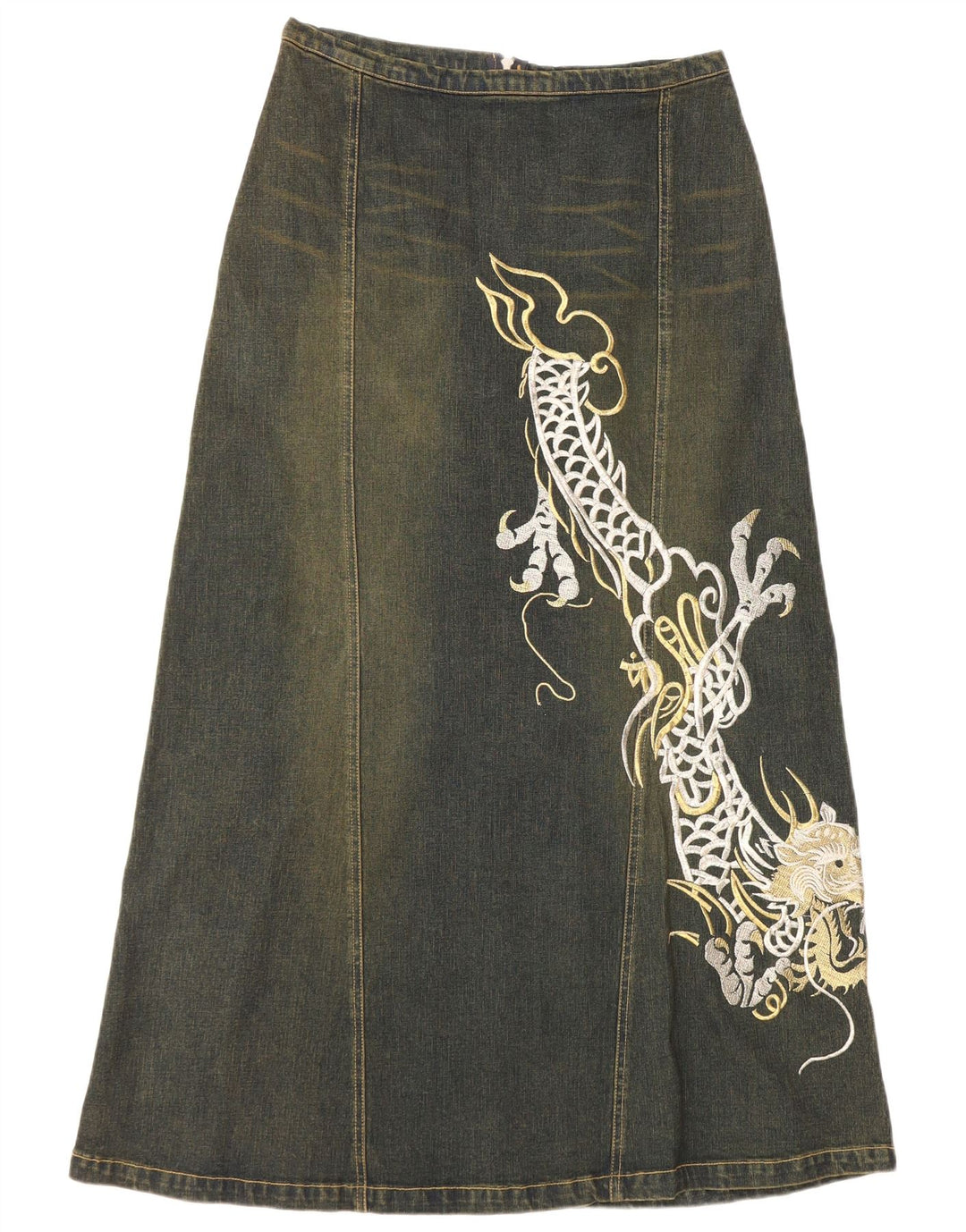 Saia jeans gráfica feminina VINTAGE Reino Unido 12 médio W30 algodão azul