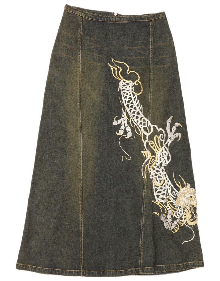 Saia jeans gráfica feminina VINTAGE Reino Unido 12 médio W30 algodão azul