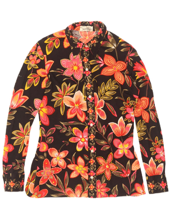 Blusa feminina vintage UK 12 algodão floral preto médio