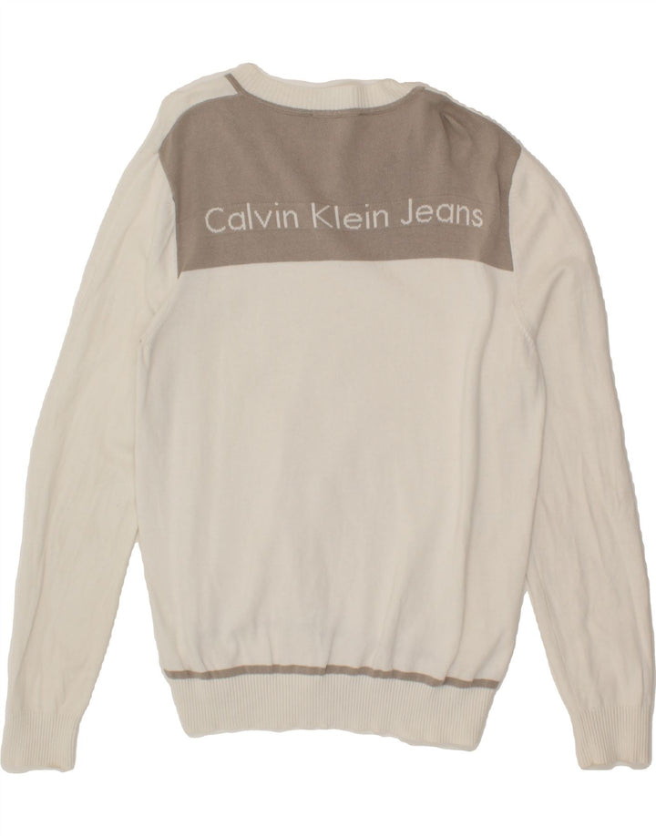 CALVIN KLEIN Mens Graphic V-Neck Jumper Sweater XL White Colourblock Vintage Calvin Klein and Second-Hand Calvin Klein from Messina Hembry 