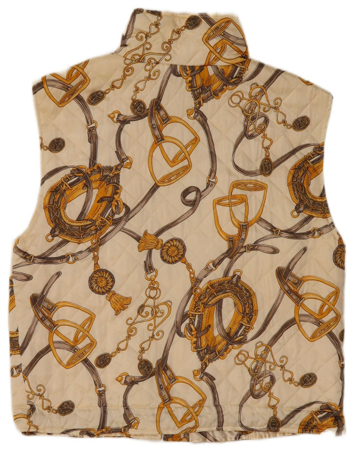 Colete acolchoado feminino VINTAGE com padrão abstrato Reino Unido 14 grande seda branca