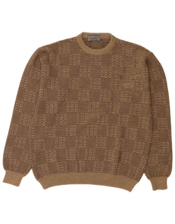 Suéter vintage masculino com gola redonda, lã geométrica bege grande